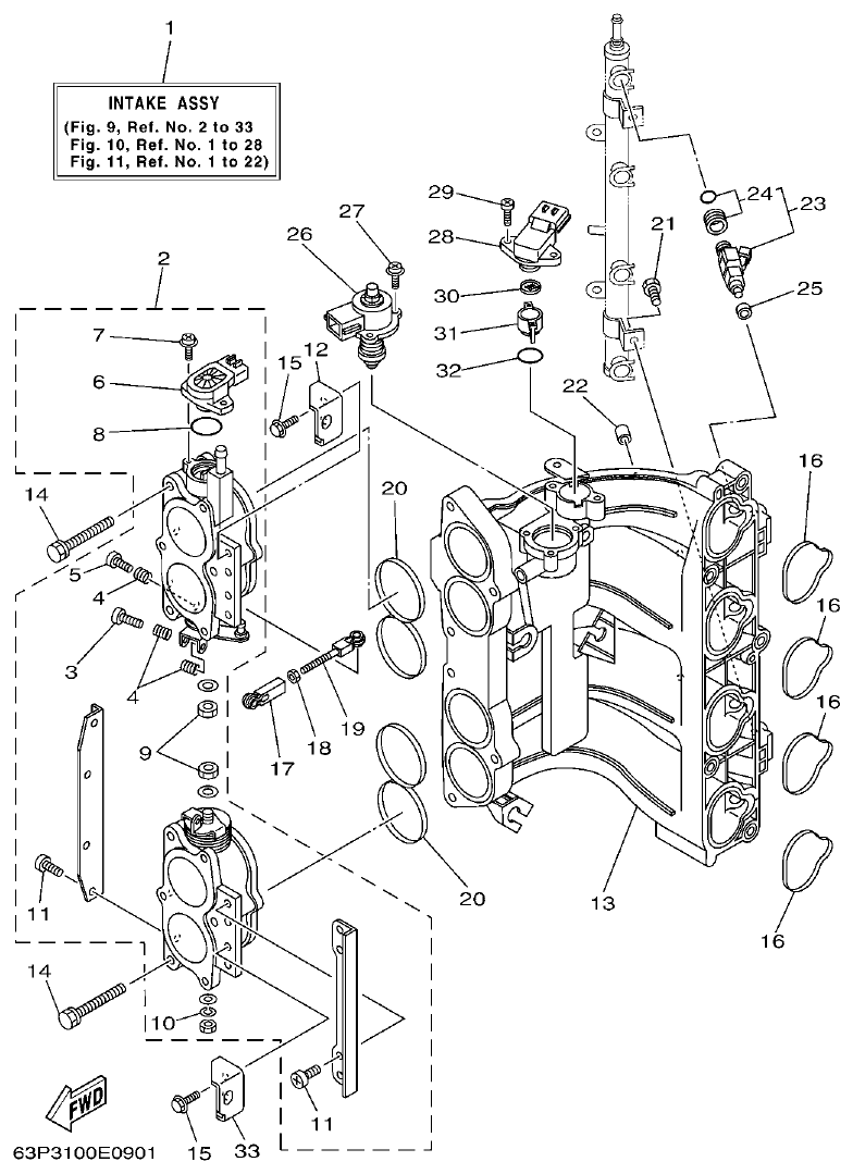 Yamaha F150AET, FL150AET, F150TR, LF150TR INTAKE 3 parts diagram