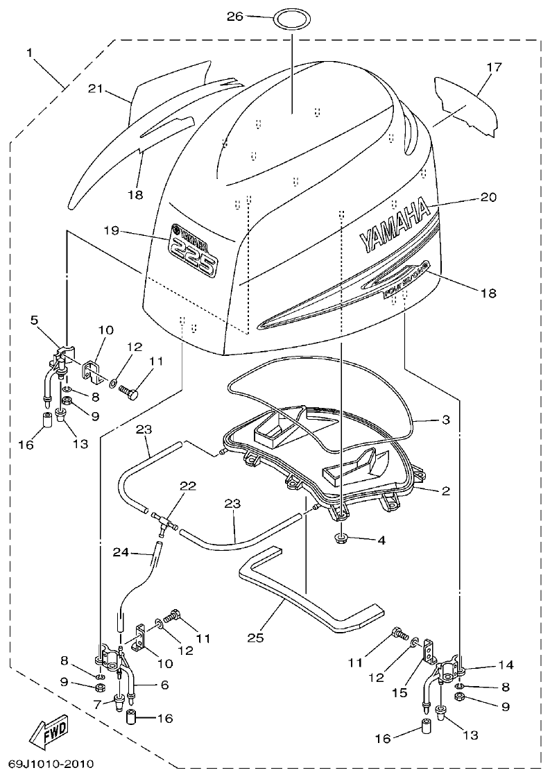 Yamaha F200A, F225A, FL200A, FL225A, F225AET, F200AET, FL225AET, FL200AET TOP COWLING parts diagram