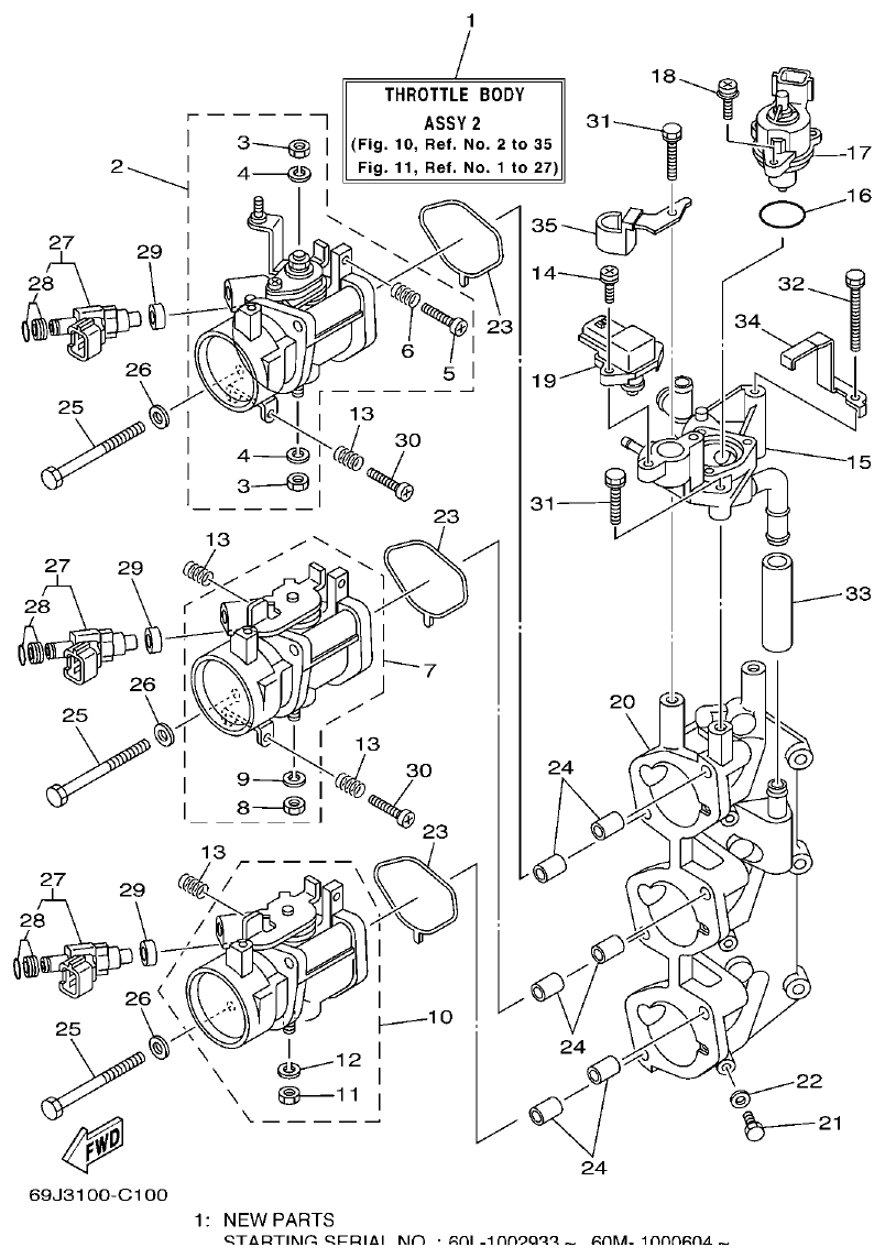 Yamaha F200A, F225A, FL200A, FL225A, F225AET, F200AET, FL225AET, FL200AET THROTTLE BODY ASSY 2 parts diagram