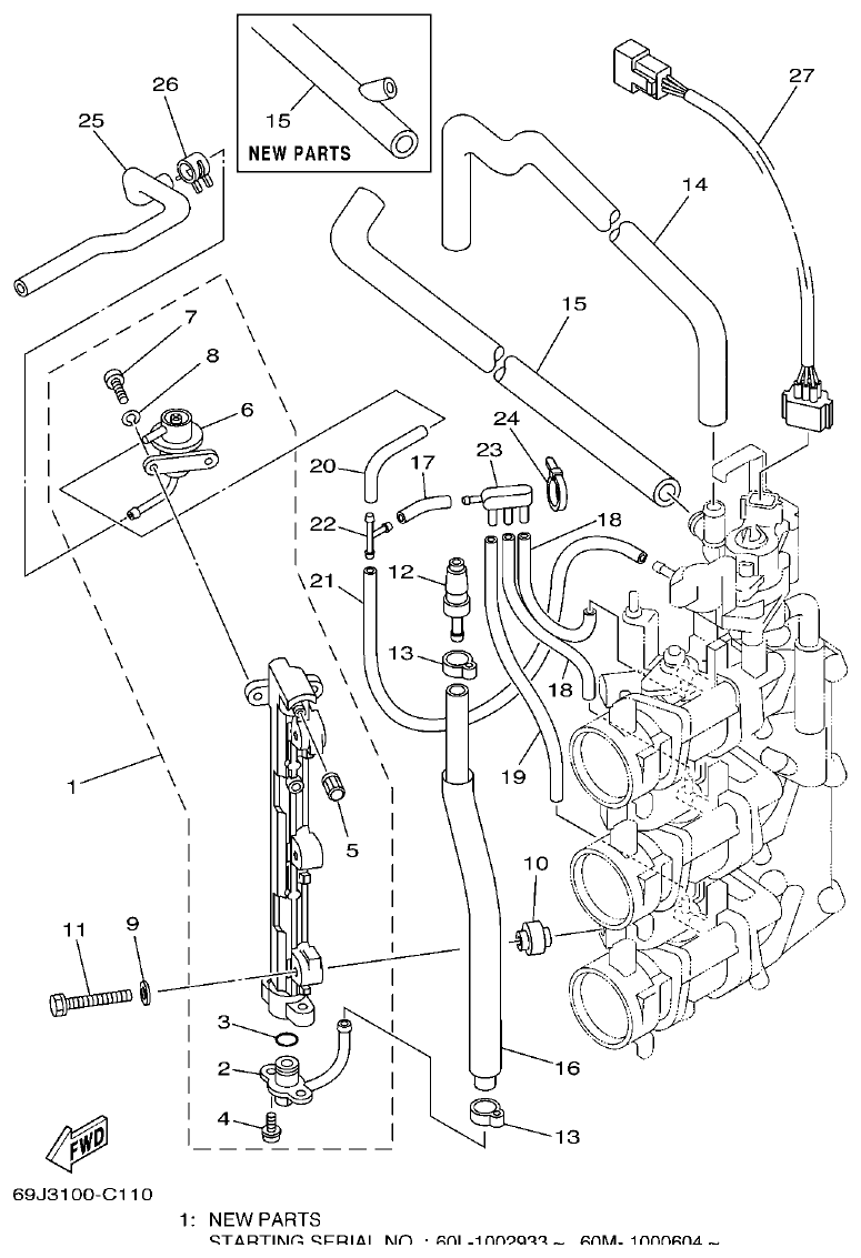 Yamaha F200A, F225A, FL200A, FL225A, F225AET, F200AET, FL225AET, FL200AET THROTTLE BODY ASSY 3 parts diagram
