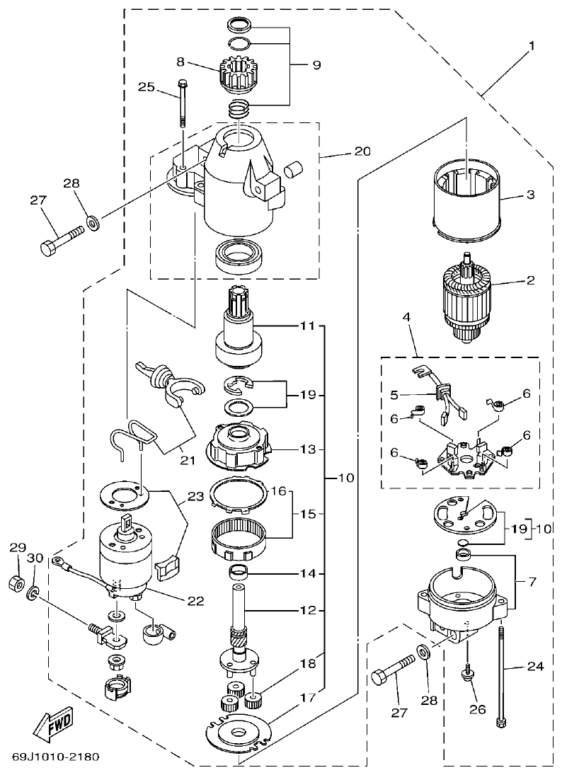 Yamaha F200A, F225A, FL200A, FL225A, F225AET, F200AET, FL225AET, FL200AET STARTING MOTOR parts diagram