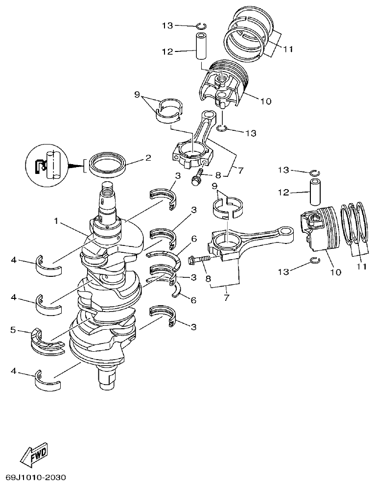 Yamaha F200A, F225A, FL200A, FL225A, F225AET, F200AET, FL225AET, FL200AET CRANKSHAFT & PISTON parts diagram