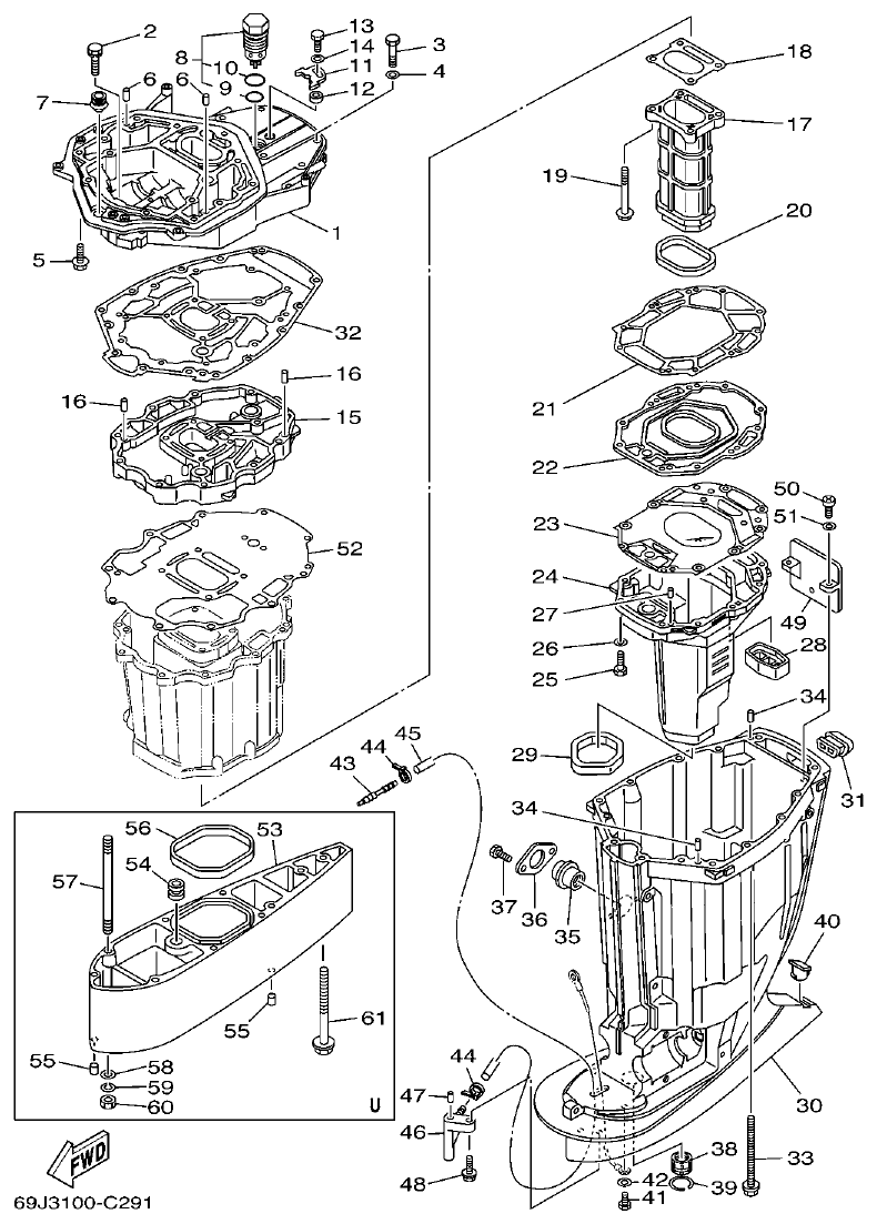 Yamaha F200A, F225A, FL200A, FL225A, F225AET, F200AET, FL225AET, FL200AET UPPER CASING parts diagram