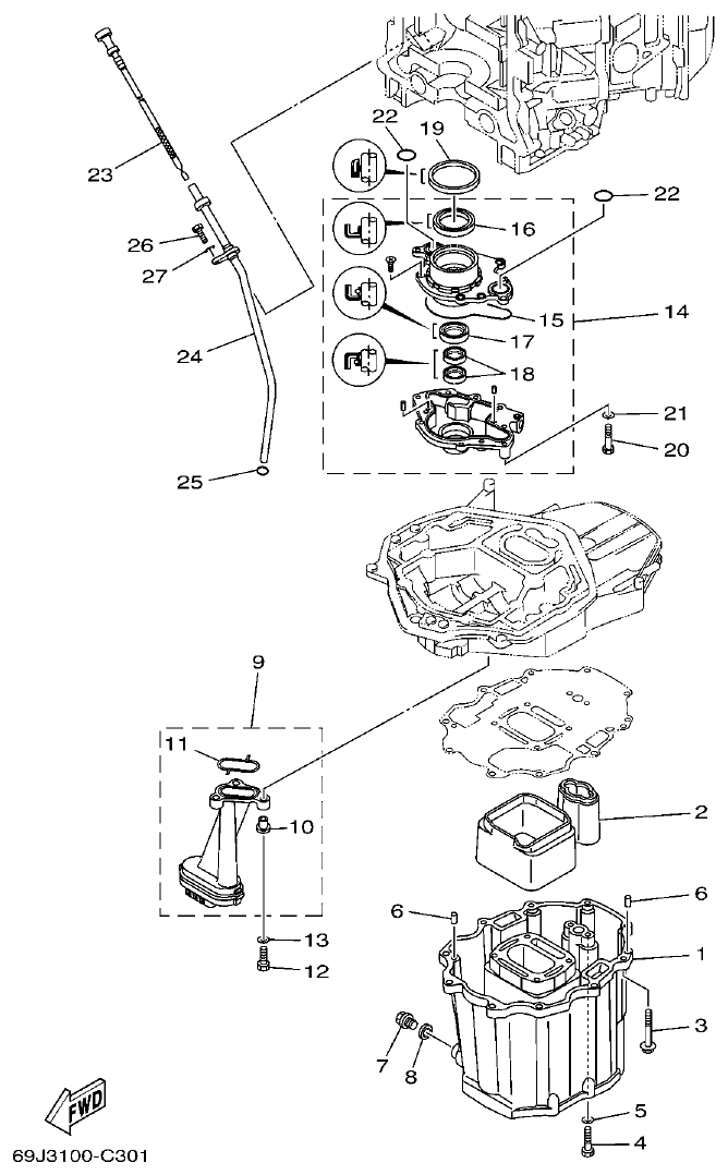 Yamaha F200A, F225A, FL200A, FL225A, F225AET, F200AET, FL225AET, FL200AET OIL PAN parts diagram