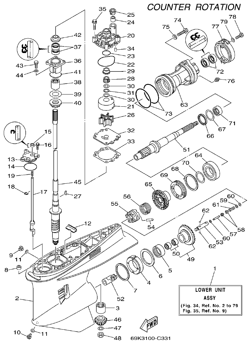 Yamaha F200A, F225A, FL200A, FL225A, F225AET, F200AET, FL225AET, FL200AET LOWER CASING & DRIVE 3 parts diagram