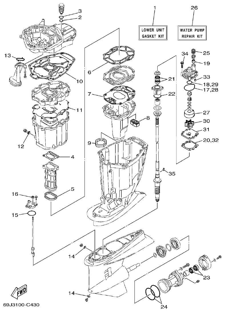Yamaha F200A, F225A, FL200A, FL225A, F225AET, F200AET, FL225AET, FL200AET REPAIR KIT 2 parts diagram