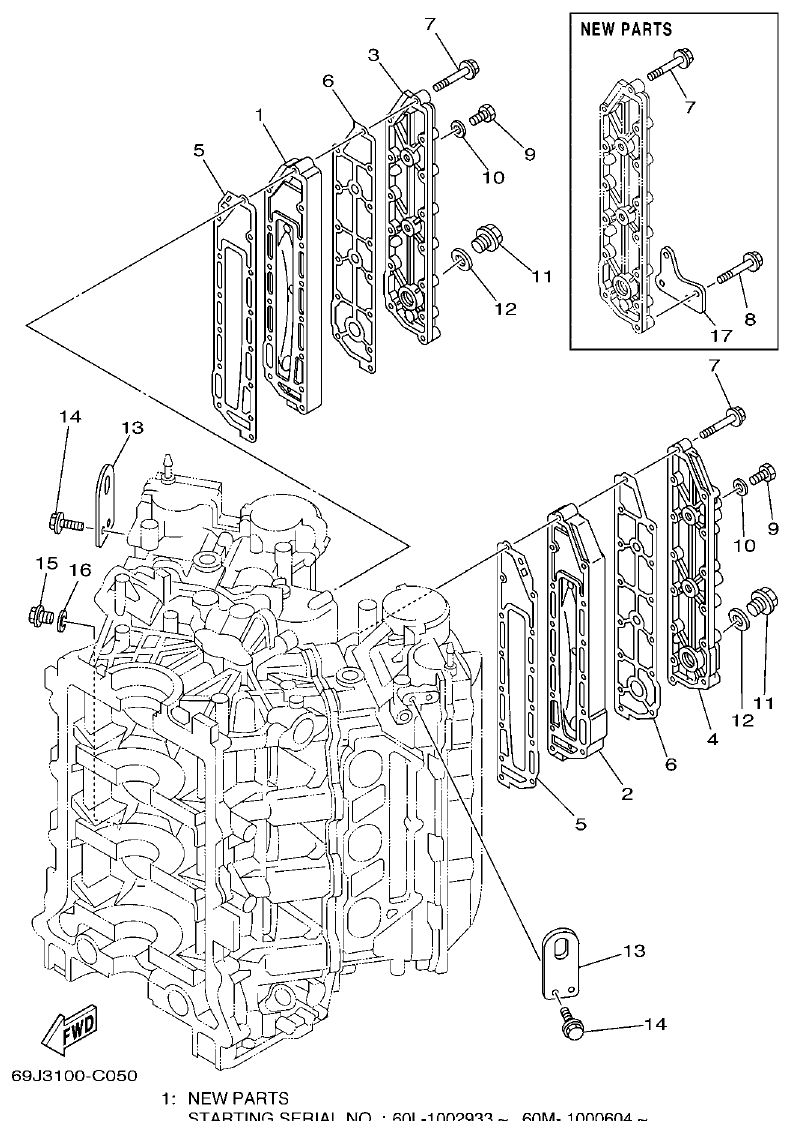 Yamaha F200A, F225A, FL200A, FL225A, F225AET, F200AET, FL225AET, FL200AET CYLINDER & CRANKCASE 3 parts diagram
