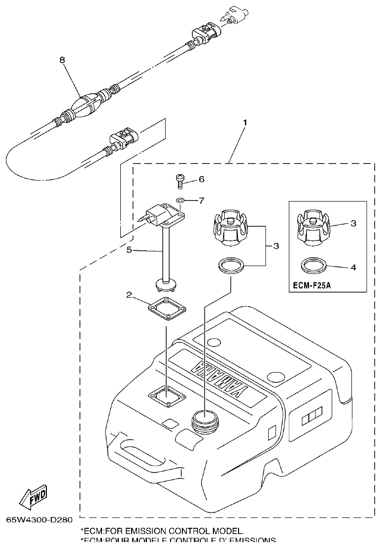 Yamaha F20A, F25A FUEL TANK parts diagram