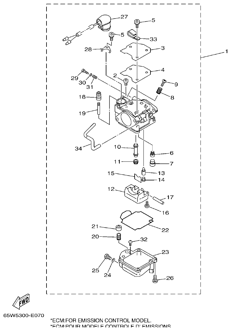 Yamaha F20A, F25A CARBURETOR parts diagram