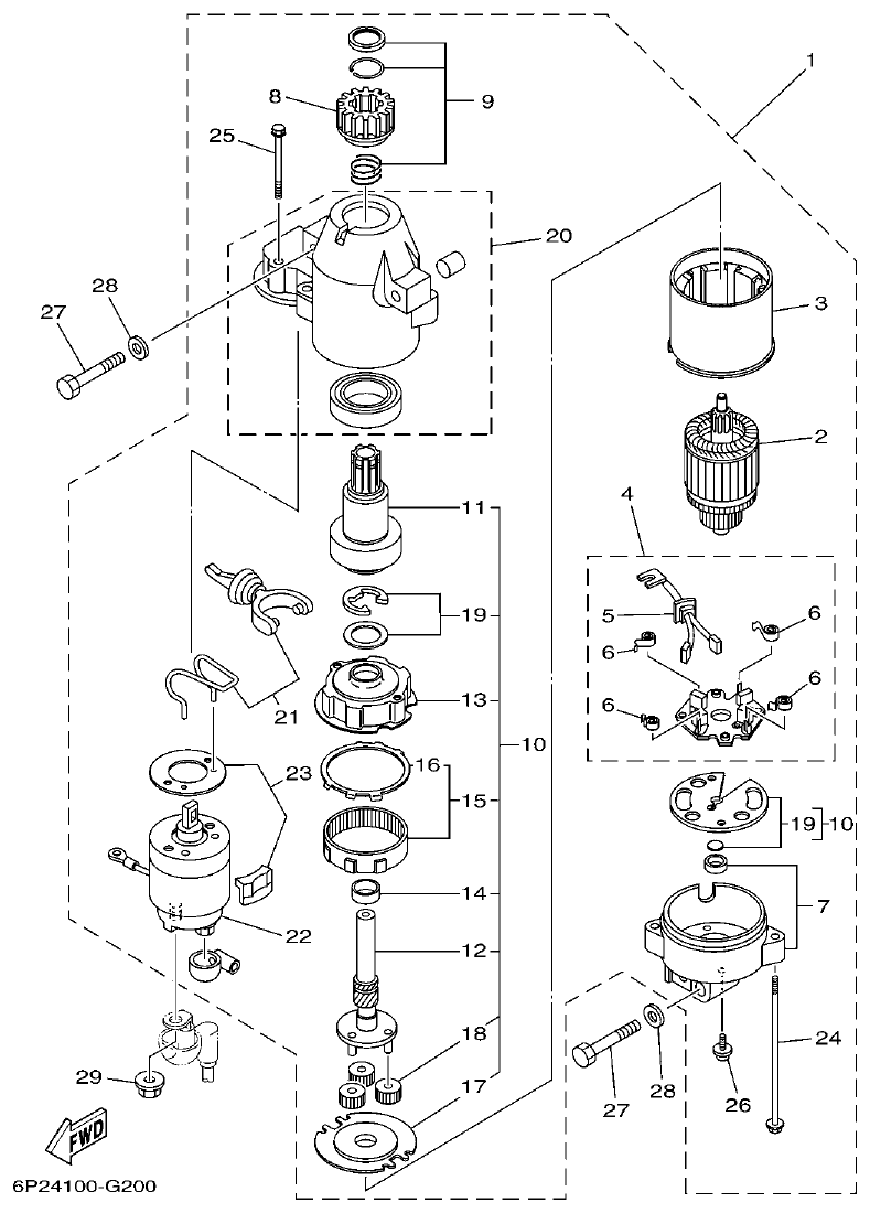Yamaha F250AET, FL250AET, F250TR, LF250TR STARTING MOTOR parts diagram