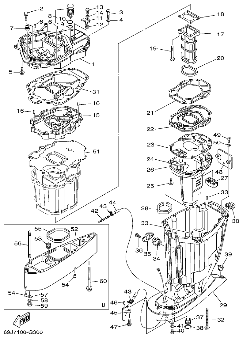 Yamaha F250AET, FL250AET, F250TR, LF250TR UPPER CASING parts diagram