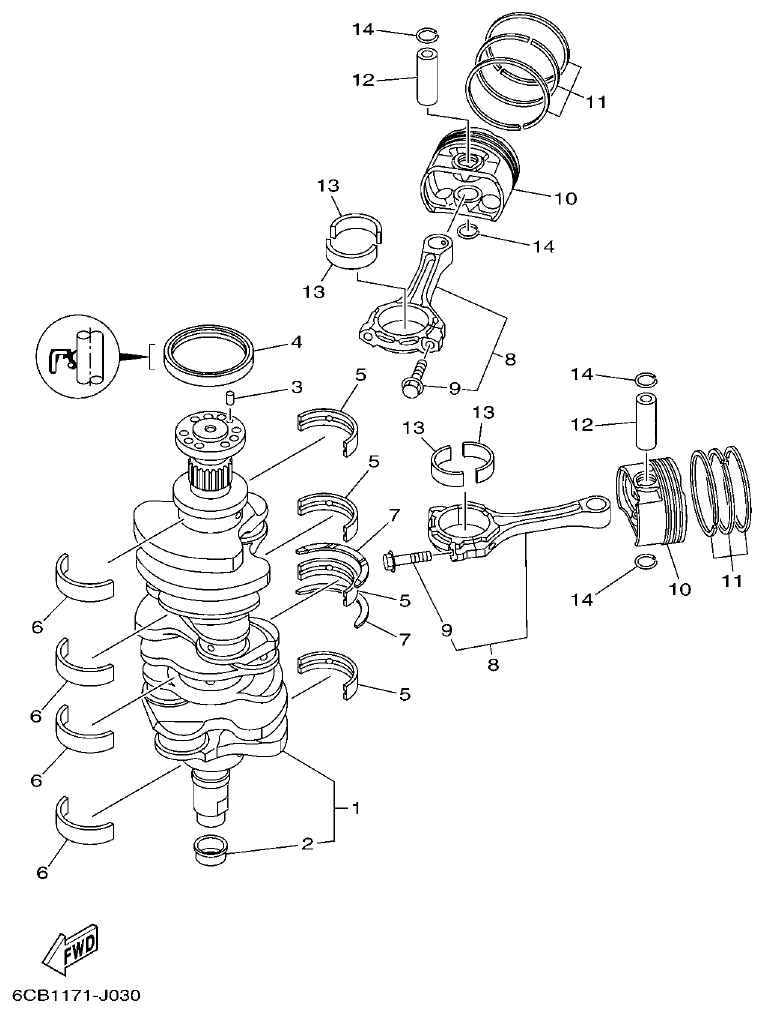 Yamaha F250DET, FL250DET CRANKSHAFT & PISTON parts diagram