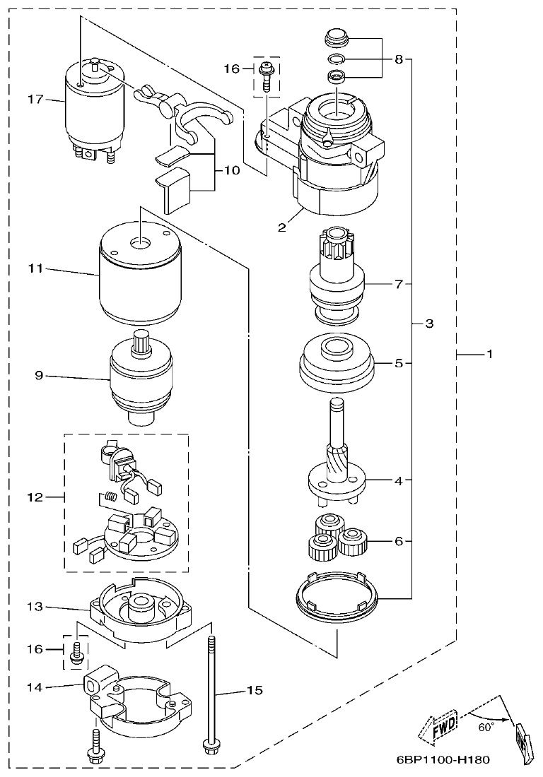 Yamaha F25D STARTING MOTOR parts diagram