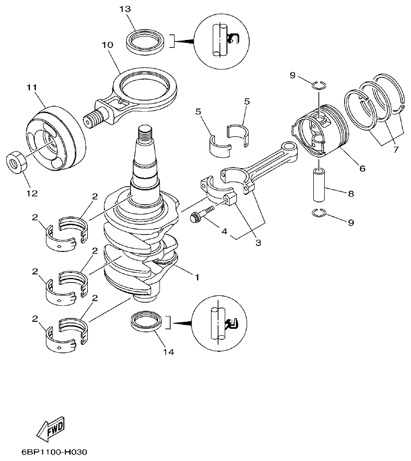 Yamaha F25D CRANKSHAFT & PISTON parts diagram