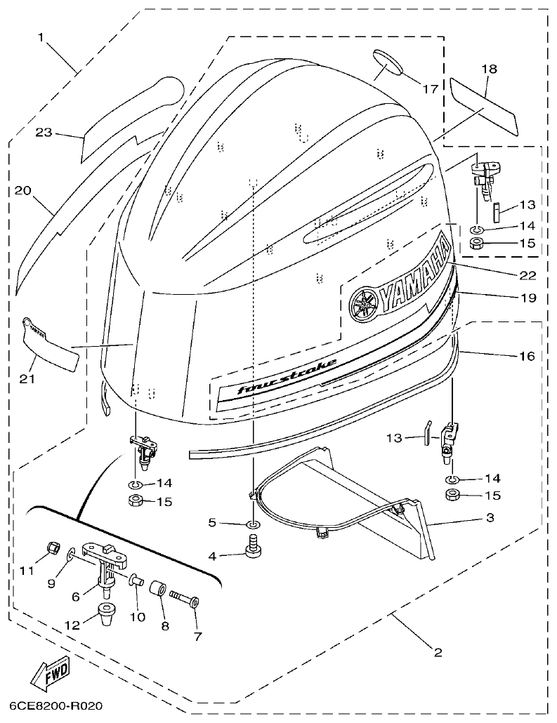 Yamaha F300BET, FL300BET, F300BET2, FL300BET2 TOP COWLING parts diagram