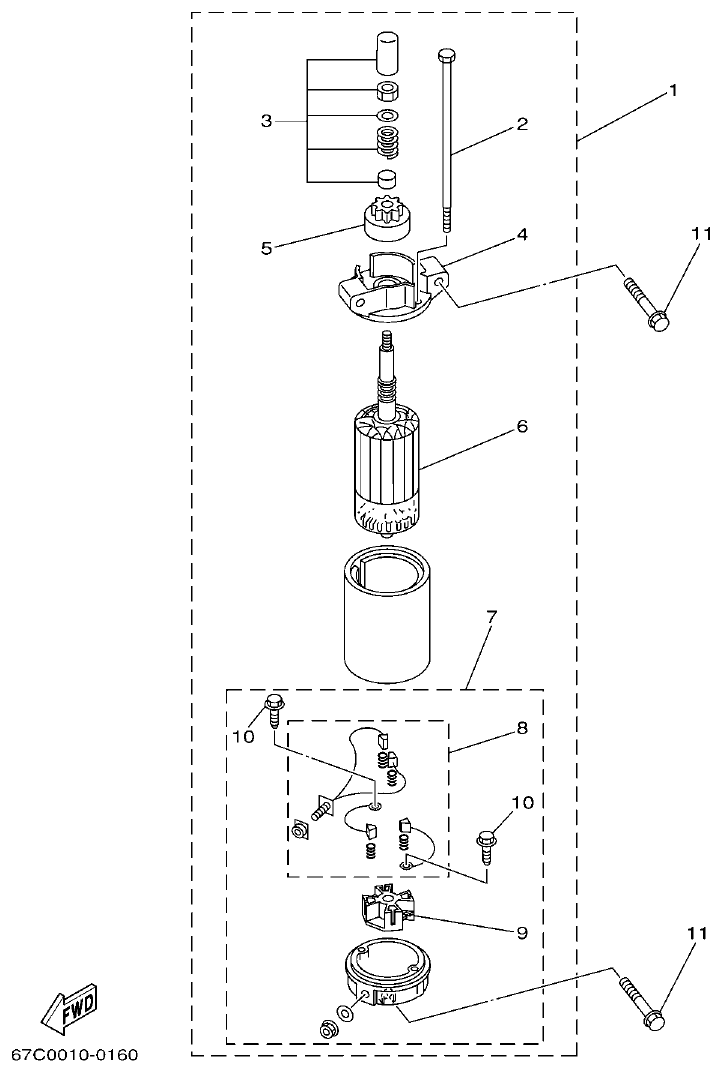 Yamaha F30A, F40B STARTING MOTOR parts diagram