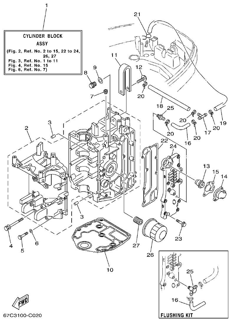 Yamaha F30A, F40B CYLINDER. CRANKCASE 1 parts diagram