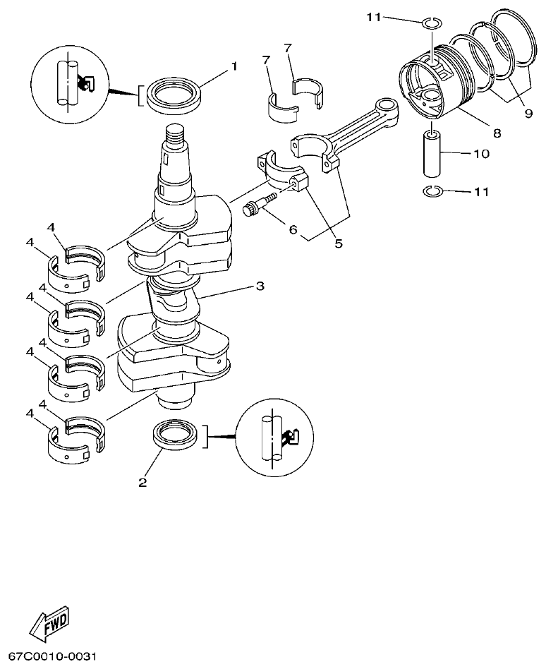 Yamaha F30A, F40B CRANKSHAFT. PISTON parts diagram
