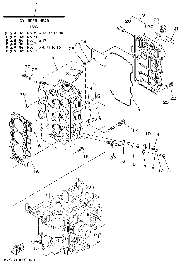 Yamaha F30A, F40B CYLINDER. CRANKCASE 2 parts diagram