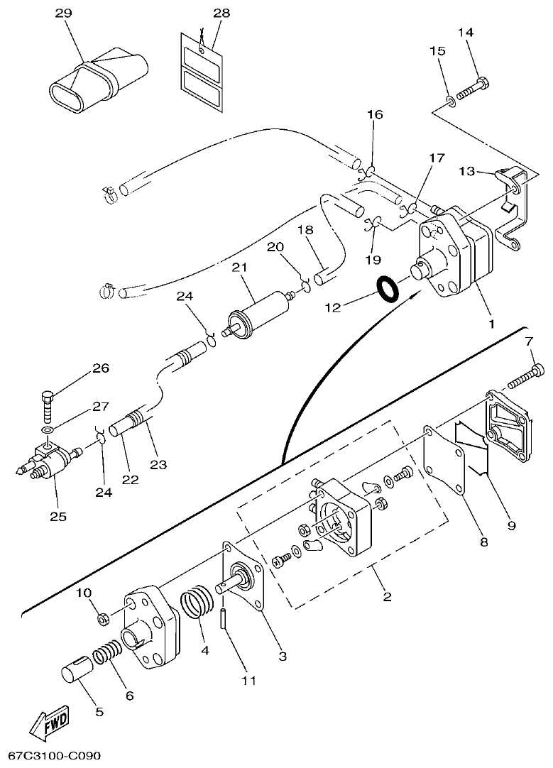 Yamaha F30A, F40B FUEL 1 parts diagram