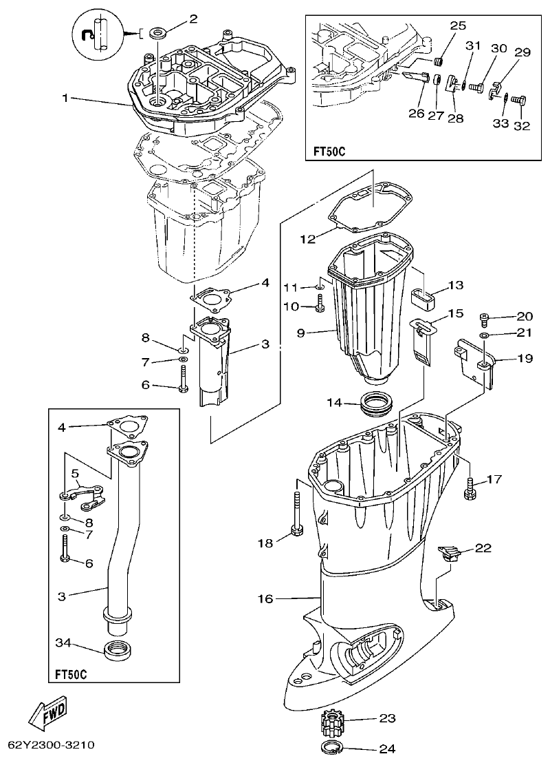 Yamaha F50A, FT50C, F50AED, F50AET, FT50CET UPPER CASING parts diagram