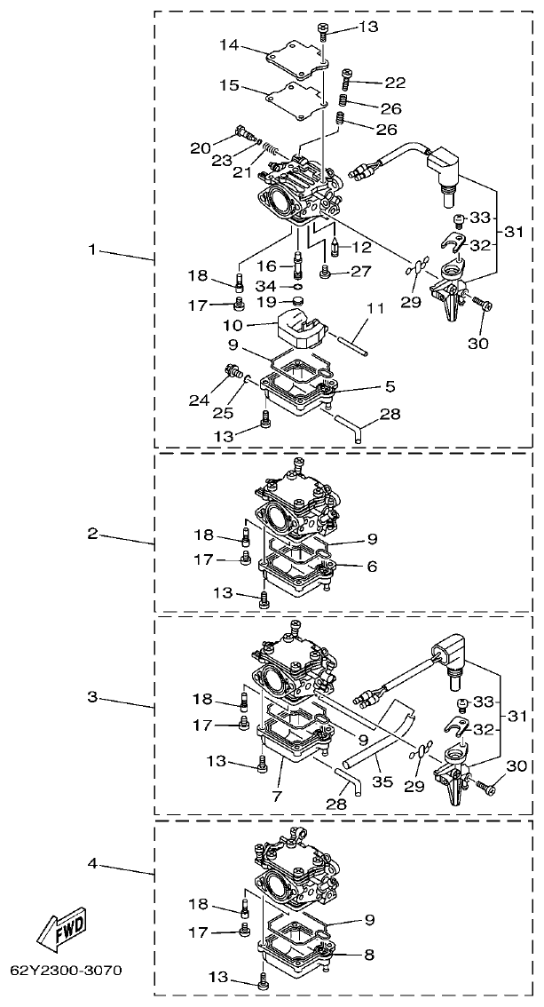 Yamaha F50A, FT50C, F50AED, F50AET, FT50CET CARBURETOR parts diagram