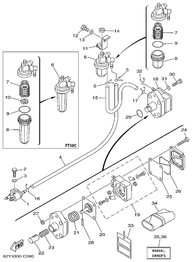 Yamaha F50A, FT50C, F50AED, F50AET, FT50CET FUEL parts diagram