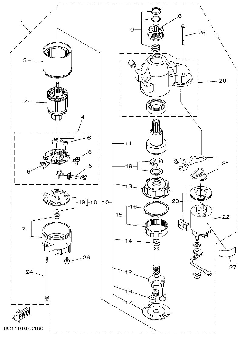 Yamaha F50F, F60C STARTING MOTOR parts diagram