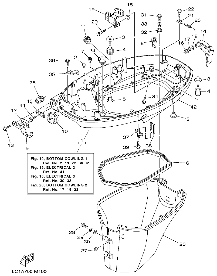 Yamaha F50HET, F60FET, F50HEHD, F60FEHT BOTTOM COWLING 1 parts diagram