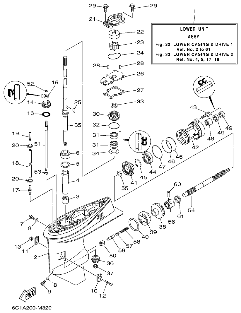 Yamaha F50HET, F60FET, F50HEHD, F60FEHT LOWER CASING & DRIVE 1 parts diagram