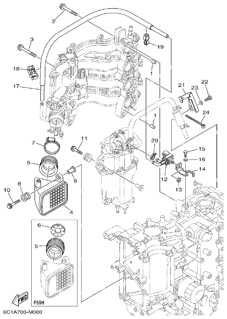 Yamaha F50HET, F60FET, F50HEHD, F60FEHT INTAKE 2 parts diagram