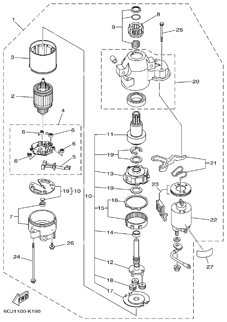 Yamaha F70AET STARTING MOTOR parts diagram