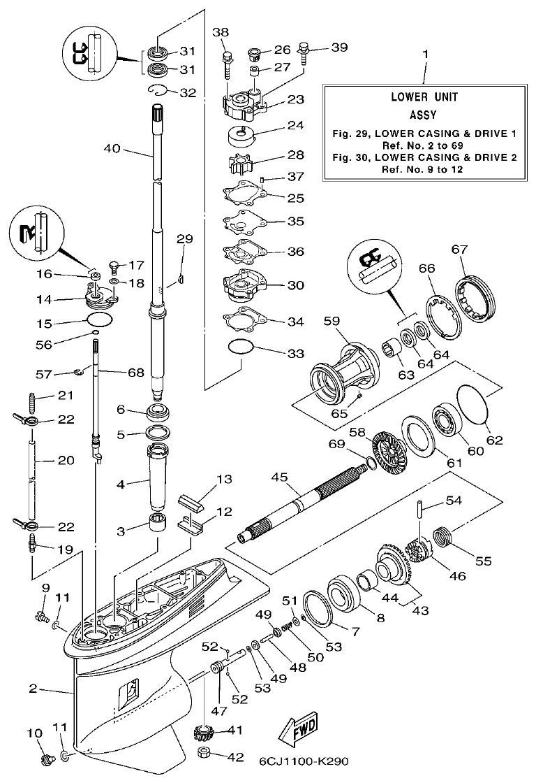 Yamaha F70AET LOWER CASING & DRIVE 1 parts diagram