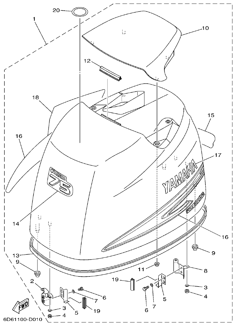 Yamaha F75BET, F80BET, F90BET, F100DET, F75TR, F90TR TOP COWLING parts diagram