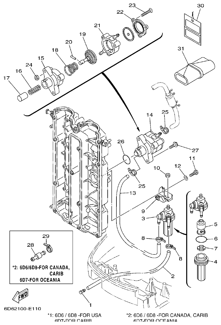 Yamaha F75BET, F80BET, F90BET, F100DET, F75TR, F90TR FUEL 1 parts diagram