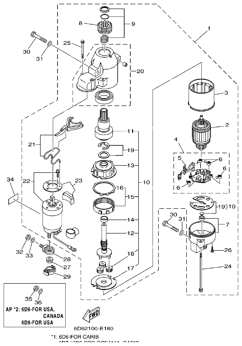 Yamaha F75BET, F80BET, F90BET, F100DET, F75TR, F90TR STARTING MOTOR parts diagram