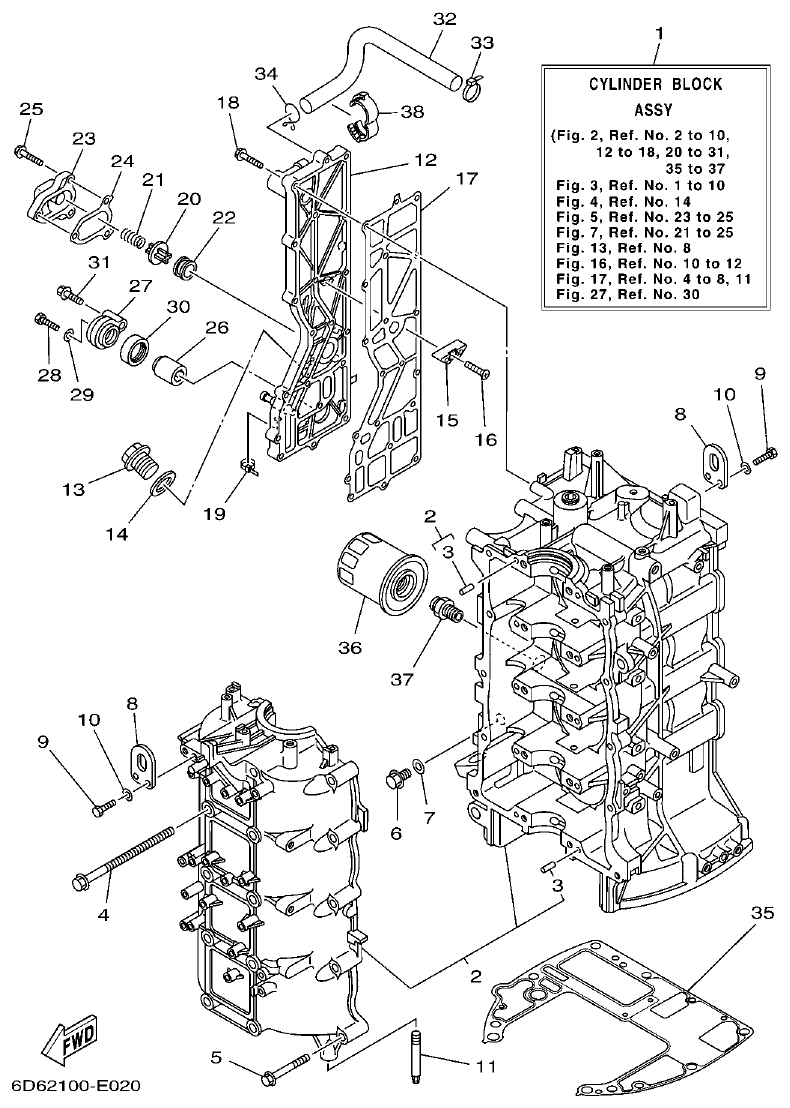 Yamaha F75BET, F80BET, F90BET, F100DET, F75TR, F90TR CYLINDER & CRANKCASE 1 parts diagram