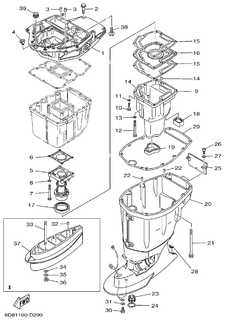 Yamaha F75BET, F80BET, F90BET, F100DET, F75TR, F90TR UPPER CASING parts diagram