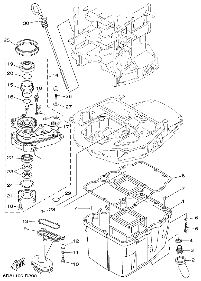 Yamaha F75BET, F80BET, F90BET, F100DET, F75TR, F90TR OIL PAN parts diagram