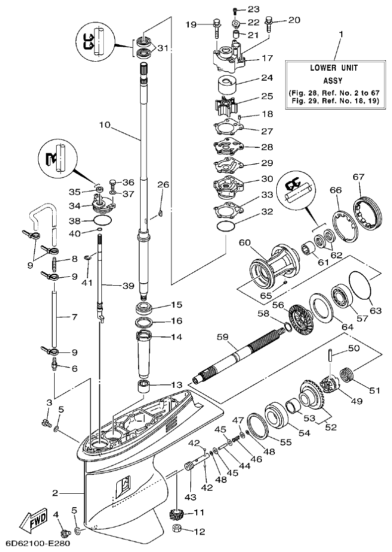 Yamaha F75BET, F80BET, F90BET, F100DET, F75TR, F90TR LOWER CASING & DRIVE 1 parts diagram
