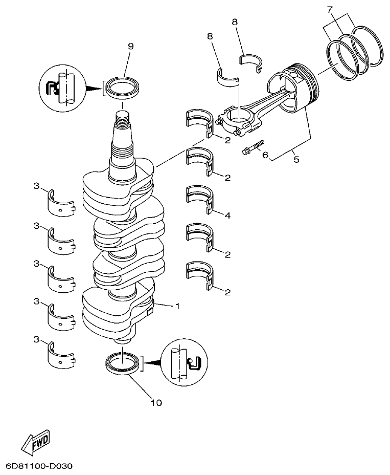 Yamaha F75BET, F80BET, F90BET, F100DET, F75TR, F90TR CRANKSHAFT & PISTON parts diagram