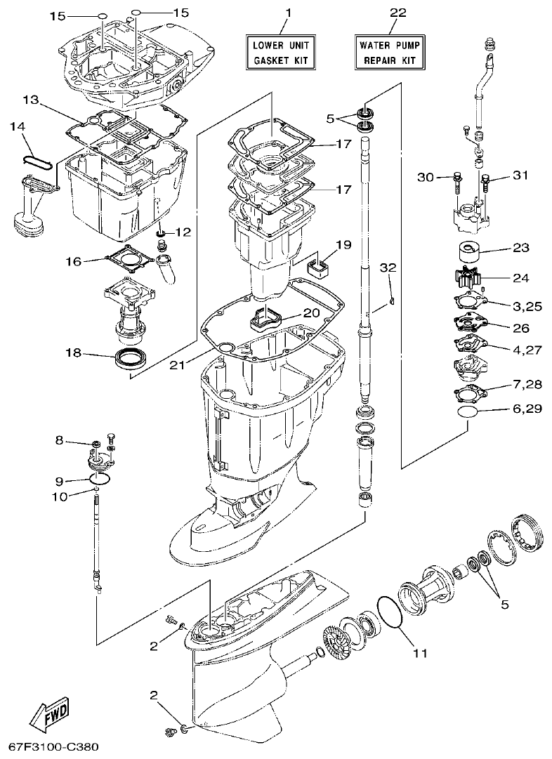 Yamaha F75BET, F80BET, F90BET, F100DET, F75TR, F90TR REPAIR KIT 2 parts diagram
