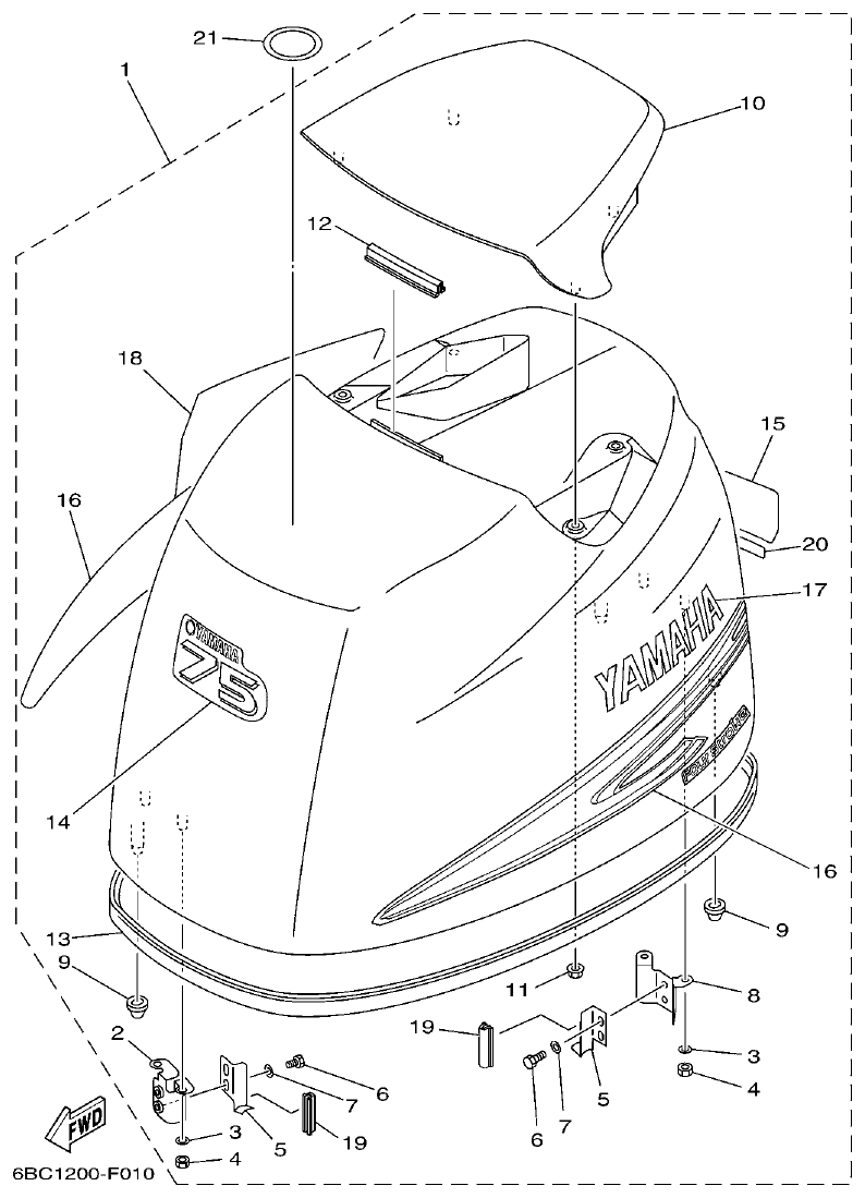 Yamaha F75C TOP COWLING parts diagram