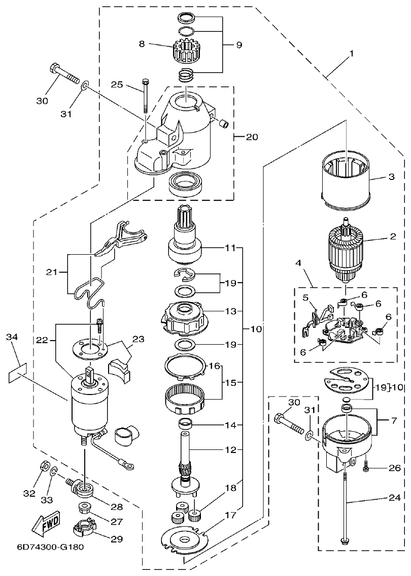 Yamaha F75C STARTING MOTOR parts diagram