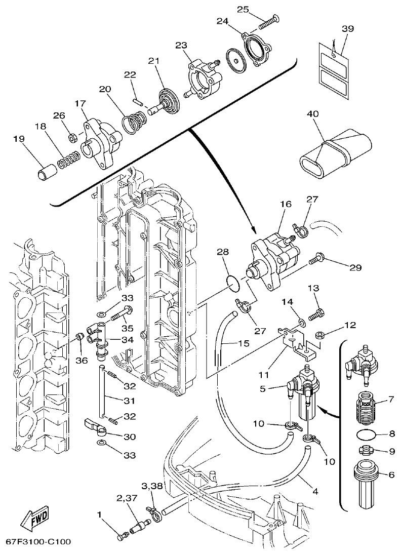 Yamaha F80AET, F100AET, F75TRC, F90TRC FUEL 1 parts diagram
