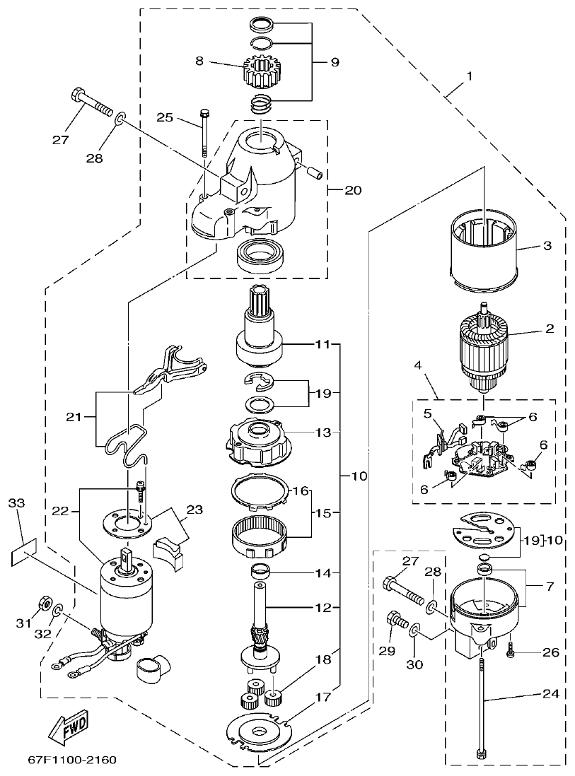 Yamaha F80AET, F100AET, F75TRC, F90TRC STARTING MOTOR parts diagram