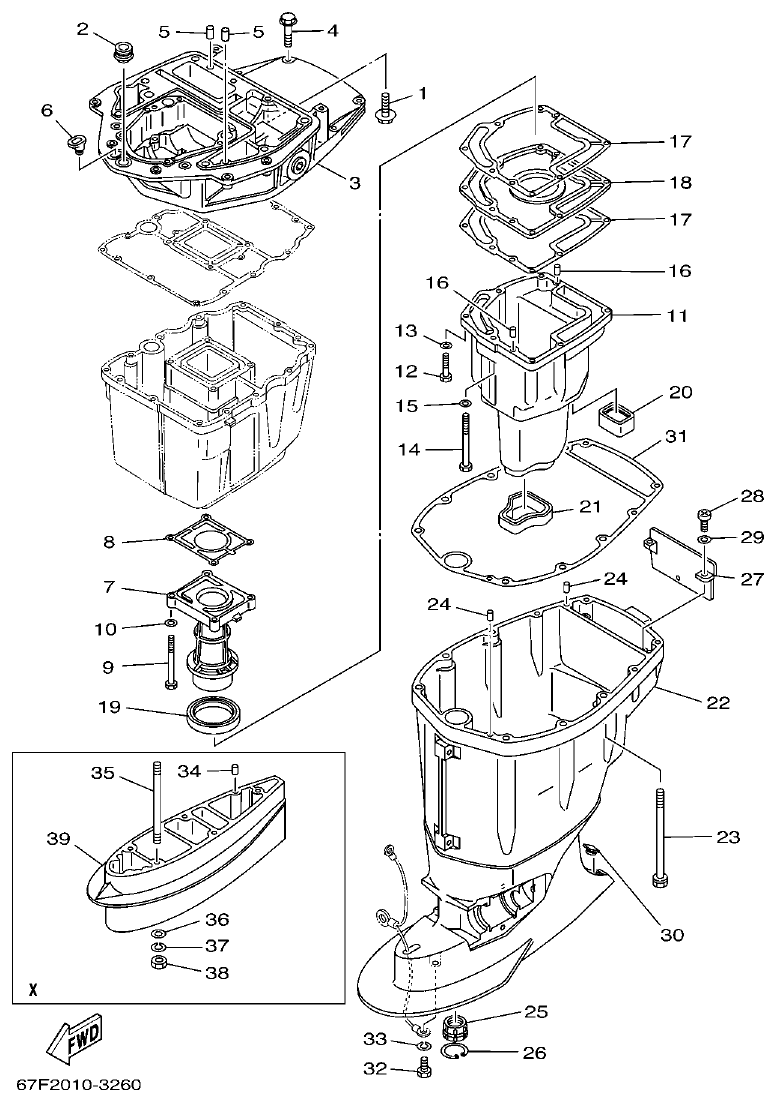 Yamaha F80AET, F100AET, F75TRC, F90TRC UPPER CASING parts diagram