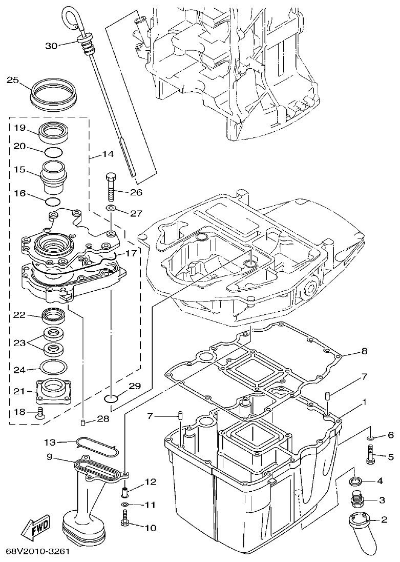 Yamaha F80AET, F100AET, F75TRC, F90TRC OIL PAN parts diagram