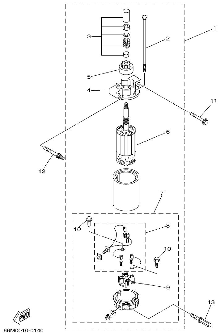 Yamaha 9C, 5A, F15A STARTING MOTOR parts diagram