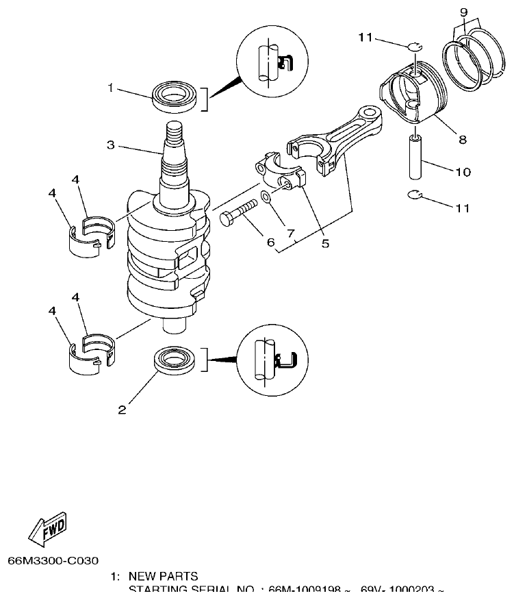 Yamaha 9C, 5A, F15A CRANKSHAFT & PISTON parts diagram